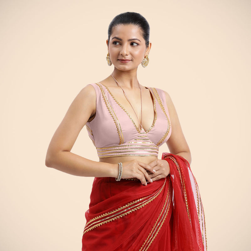 Ahana x Tyohaar | Sleeveless Baby Pink FlexiFit™ Gota Embellished Saree Blouse with Tie-Up Neck-Binks