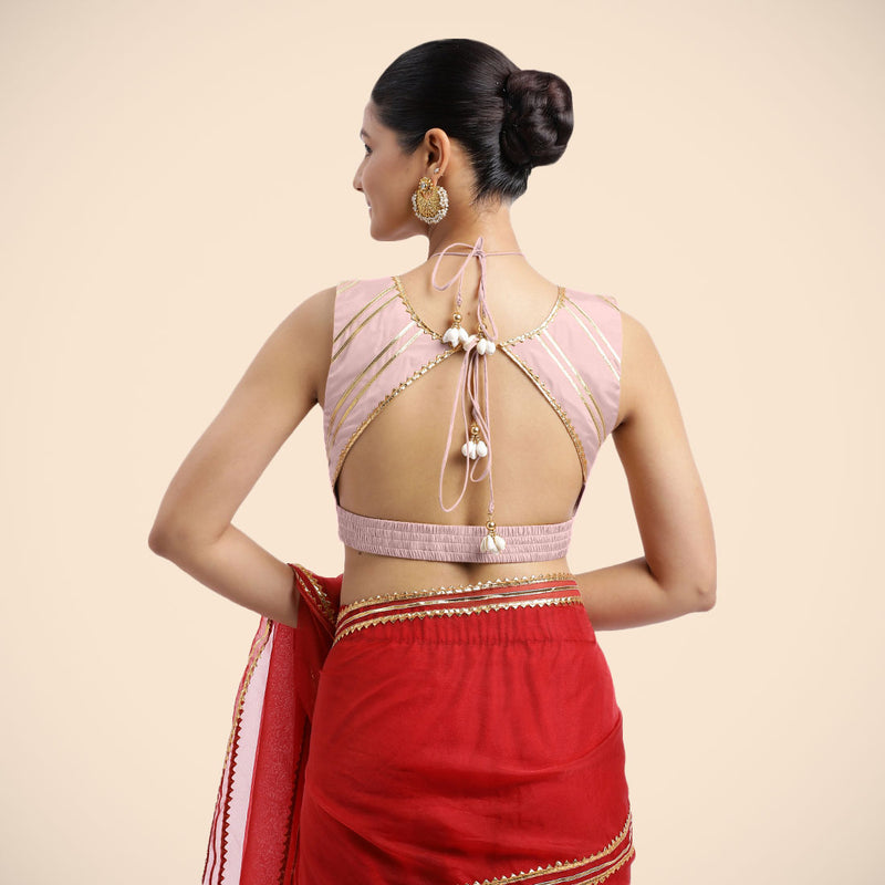 Ahana x Tyohaar | Sleeveless Baby Pink FlexiFit™ Gota Embellished Saree Blouse with Tie-Up Neck-Binks