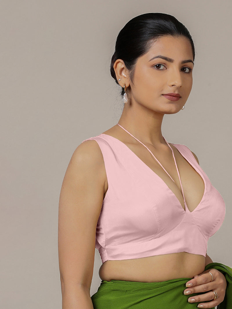 Ahana x Rozaana | Sleeveless Baby Pink FlexiFit™ Saree Blouse with Tie-Up Neck-Binks