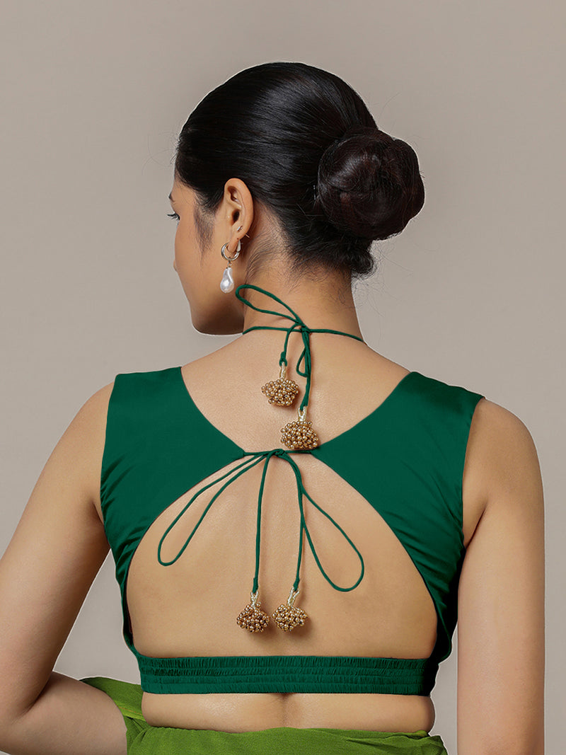 Ahana x Rozaana | Bottle Green Sleeveless FlexiFit™ Saree Blouse with Plunging Neckline and Back Cut Out with Tie-up-Binks