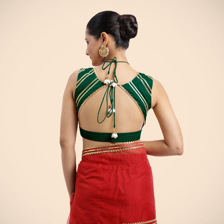 Ahana x Tyohaar Saree Blouse, in Green Vegan Silk, featuring sleeveless and tie-up neckline, made for party & festive (view 2).