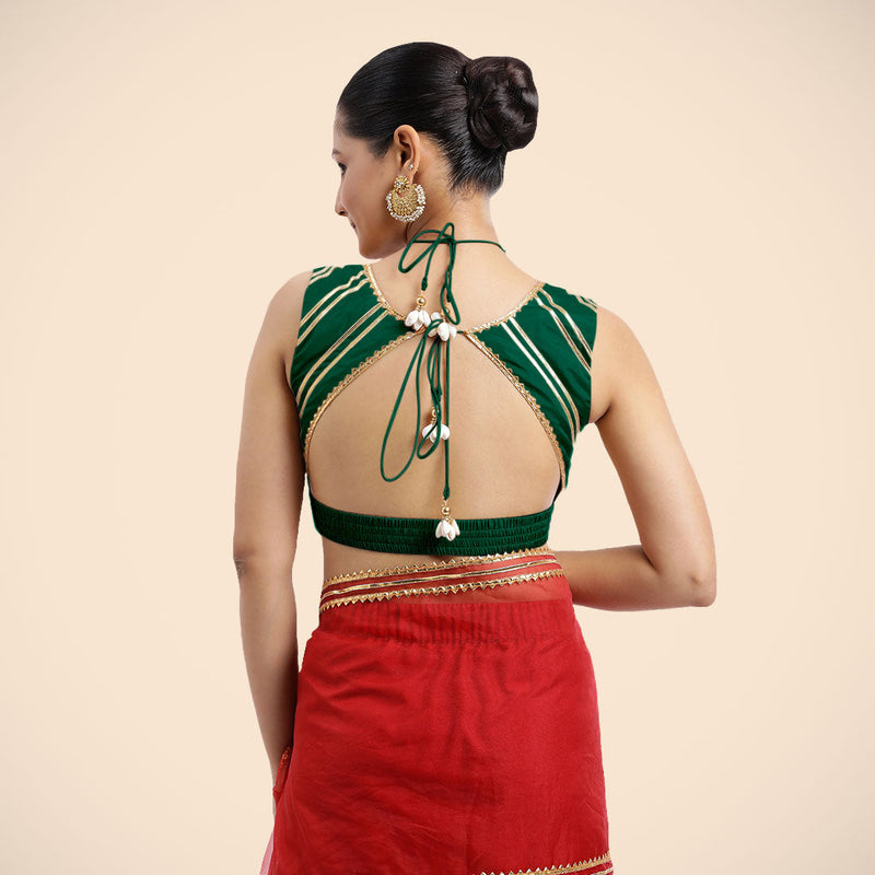 Ahana x Tyohaar | Bottle Green Sleeveless FlexiFit™ Saree Blouse with Plunging Neckline and Back Cut Out with Tasteful Golden Gota Lace Embellishment-Binks