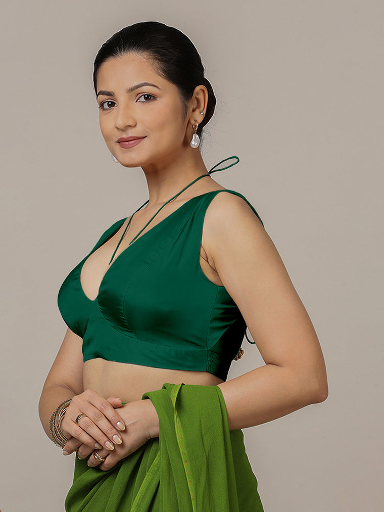 Ahana x Rozaana Saree Blouse, in Green Vegan Silk, featuring sleeveless and tie-up neckline, made for party & festive (view 3).