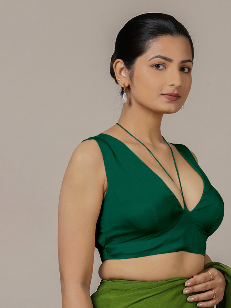 Ahana x Rozaana | Bottle Green Sleeveless FlexiFit™ Saree Blouse with Plunging Neckline and Back Cut Out with Tie-up-Binks