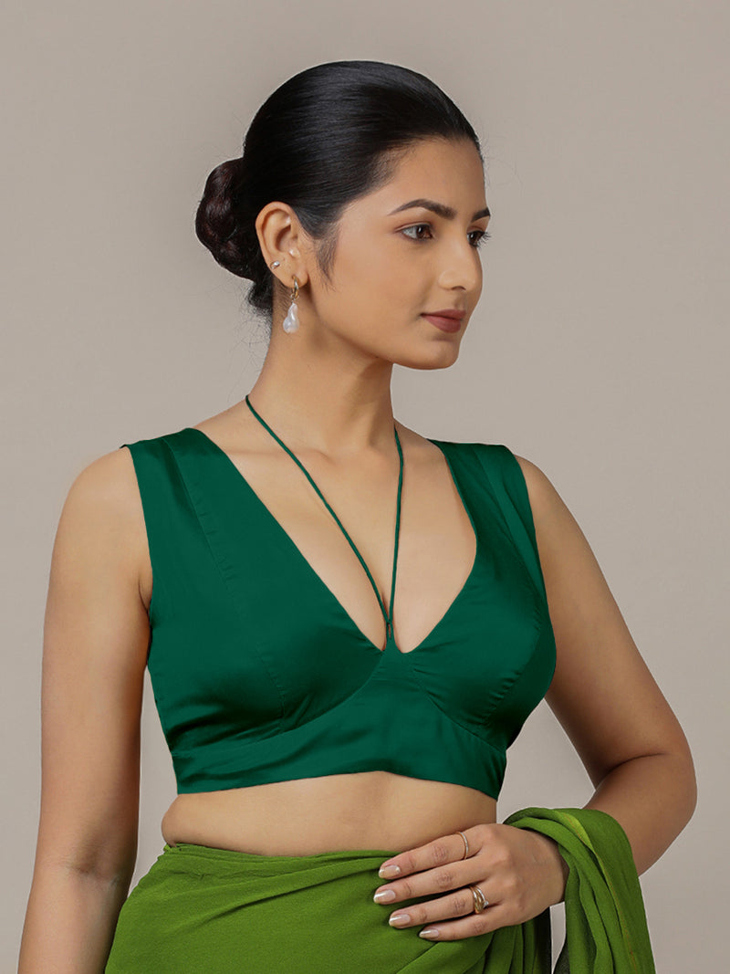 Ahana x Rozaana | Bottle Green Sleeveless FlexiFit™ Saree Blouse with Plunging Neckline and Back Cut Out with Tie-up-Binks