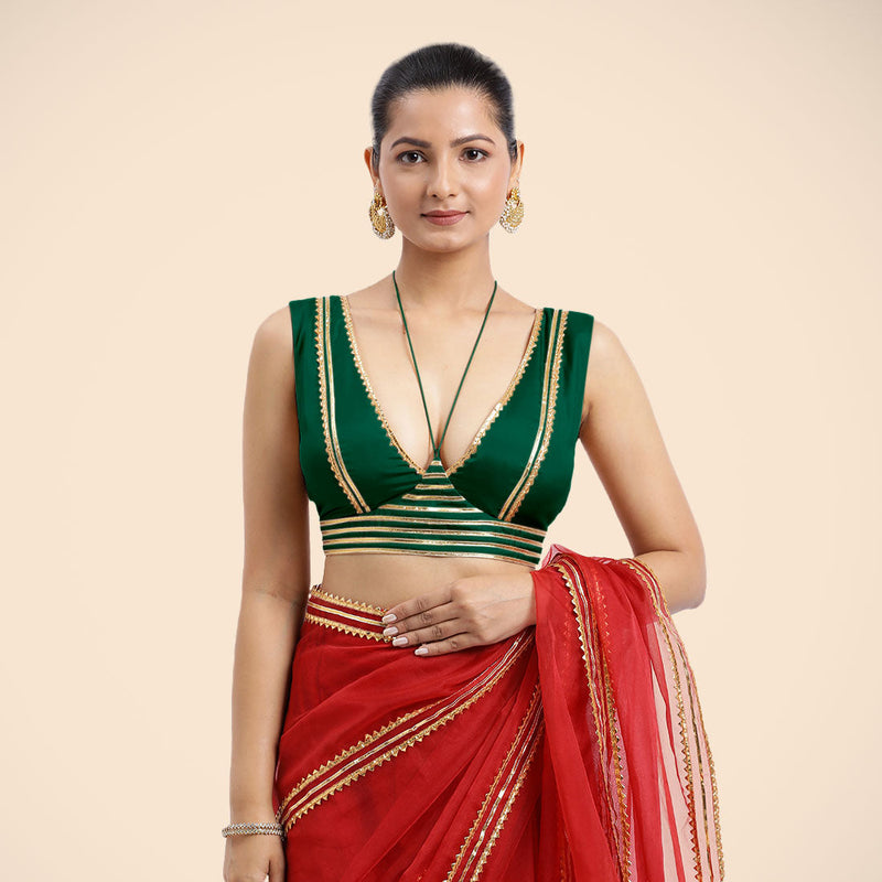 Ahana x Tyohaar | Bottle Green Sleeveless FlexiFit™ Saree Blouse with Plunging Neckline and Back Cut Out with Tasteful Golden Gota Lace Embellishment-Binks