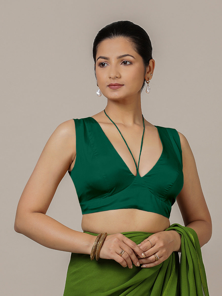 Ahana x Rozaana Saree Blouse, in Green Vegan Silk, featuring sleeveless and tie-up neckline, made for party & festive (view 6).