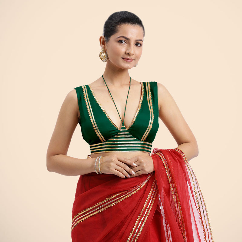 Ahana x Tyohaar | Bottle Green Sleeveless FlexiFit™ Saree Blouse with Plunging Neckline and Back Cut Out with Tasteful Golden Gota Lace Embellishment-Binks