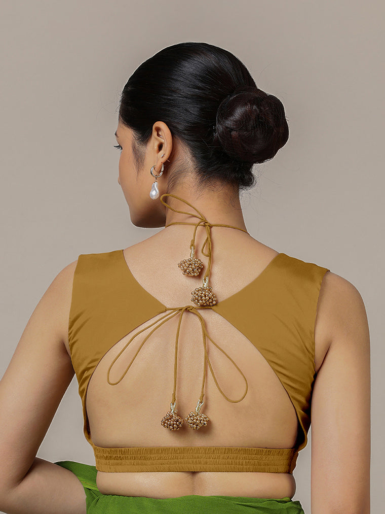 Ahana x Rozaana Saree Blouse, in Gold Vegan Silk, featuring sleeveless and tie-up neckline, made for party & festive (view 2).