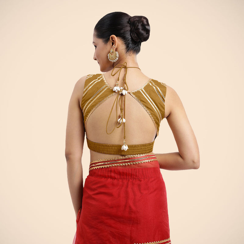Ahana x Tyohaar | Bronze Gold Sleeveless FlexiFit™ Saree Blouse with Plunging Neckline and Back Cut Out with Tasteful Golden Gota Lace Embellishment-Binks