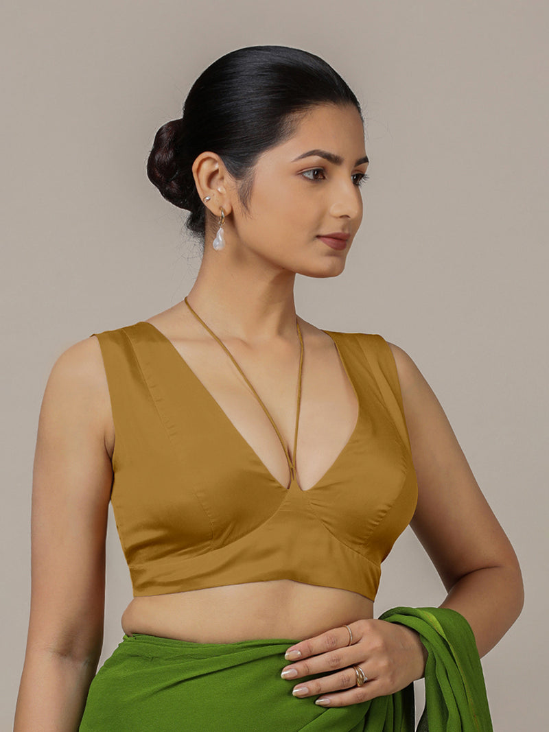 Ahana x Rozaana | Bronze Gold Sleeveless FlexiFit™ Saree Blouse with Plunging Neckline and Back Cut Out with Tie-up-Binks