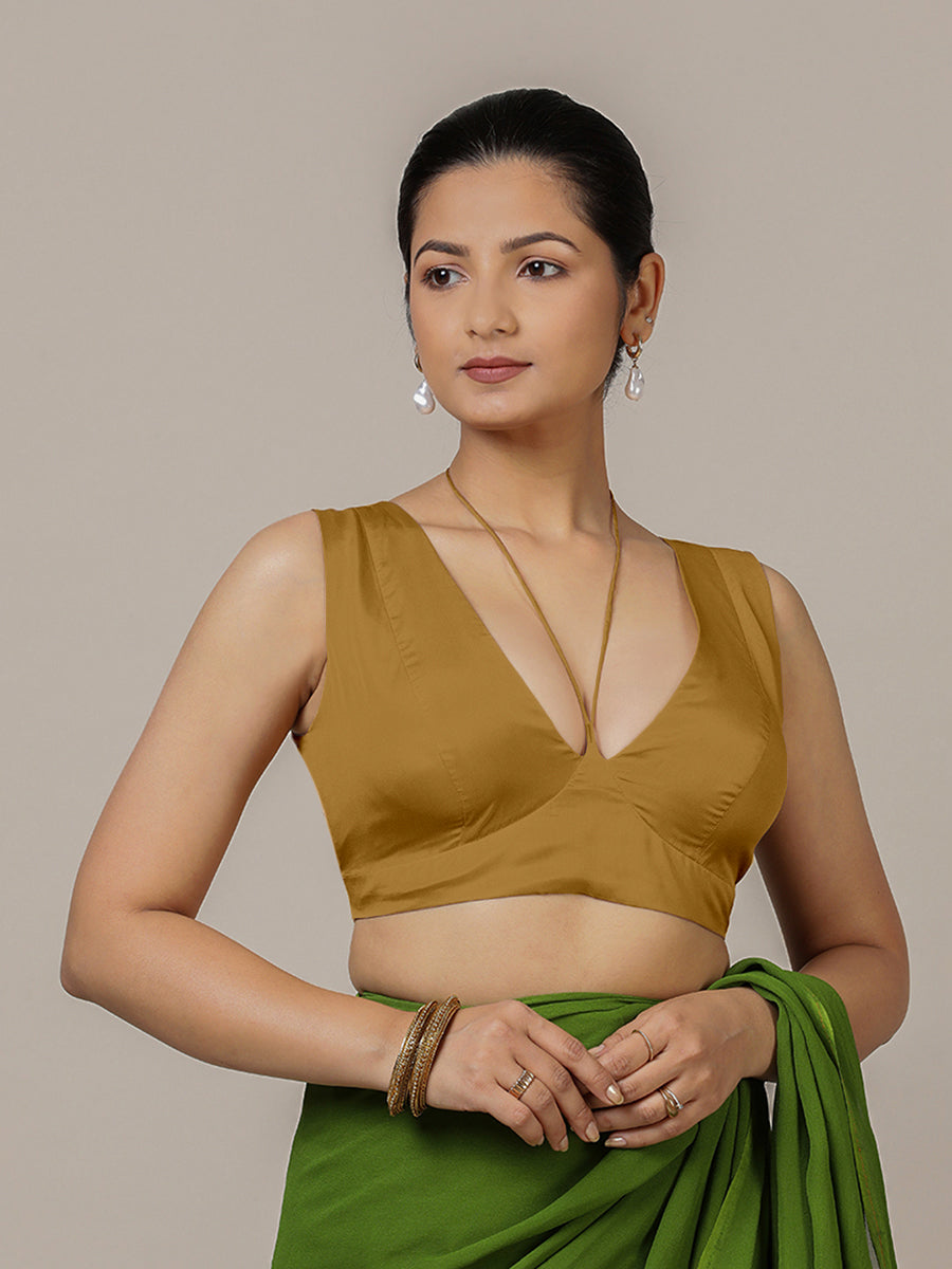 Ahana x Rozaana Saree Blouse, in Gold Vegan Silk, featuring sleeveless and tie-up neckline, made for party & festive (view 6).