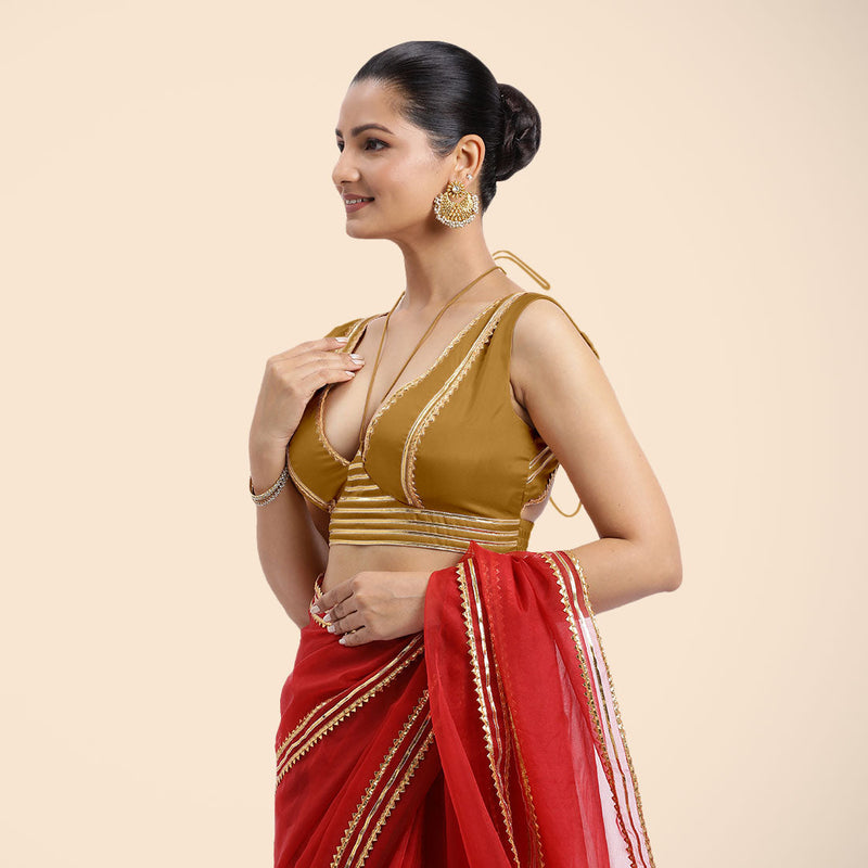 Ahana x Tyohaar | Bronze Gold Sleeveless FlexiFit™ Saree Blouse with Plunging Neckline and Back Cut Out with Tasteful Golden Gota Lace Embellishment-Binks