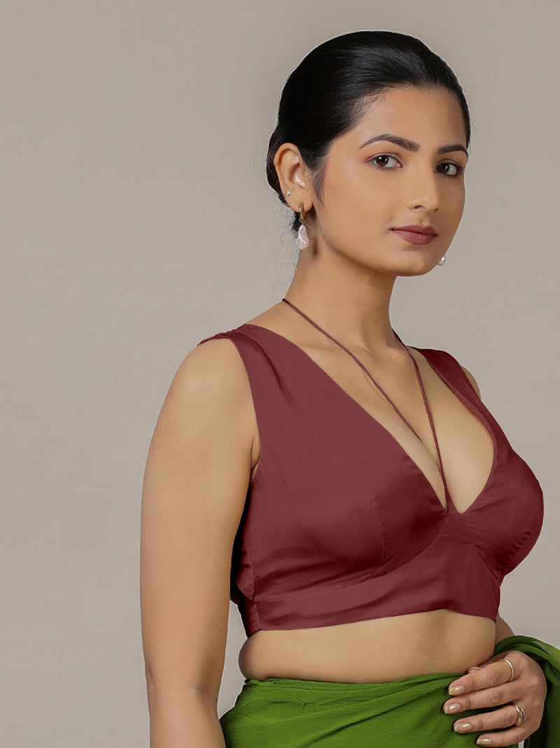 Ahana x Rozaana | Burgundy Sleeveless FlexiFit™ Saree Blouse with Plunging Neckline and Back Cut Out with Tie-up-Binks