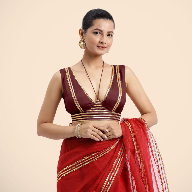 Ahana x Tyohaar Saree Blouse, in Maroon Vegan Silk, featuring sleeveless and tie-up neckline, made for party & festive.
