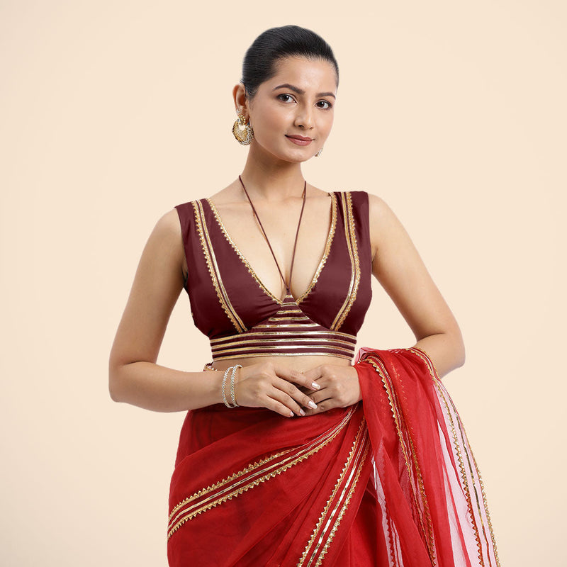 Ahana x Tyohaar | Burgundy Sleeveless FlexiFit™ Saree Blouse with Plunging Neckline and Back Cut Out with Tasteful Golden Gota Lace Embellishment-Binks