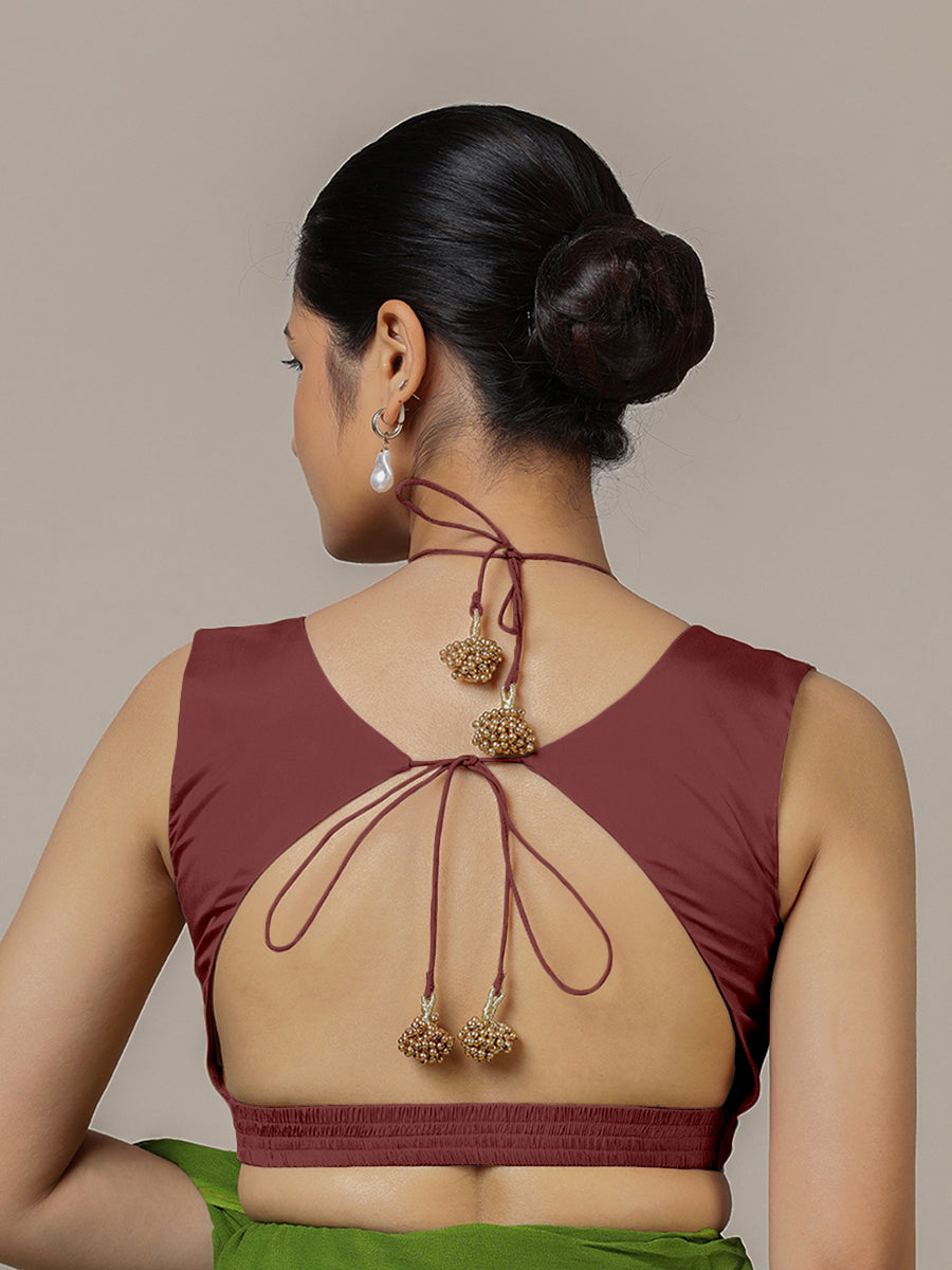 Ahana x Rozaana Saree Blouse, in Maroon Vegan Silk, featuring sleeveless and tie-up neckline, made for party & festive (view 2).