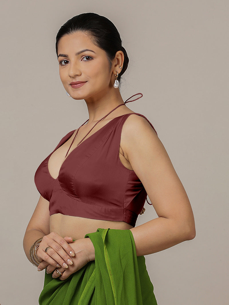 Ahana x Rozaana | Burgundy Sleeveless FlexiFit™ Saree Blouse with Plunging Neckline and Back Cut Out with Tie-up-Binks