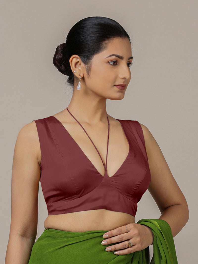 Ahana x Rozaana | Burgundy Sleeveless FlexiFit™ Saree Blouse with Plunging Neckline and Back Cut Out with Tie-up-Binks