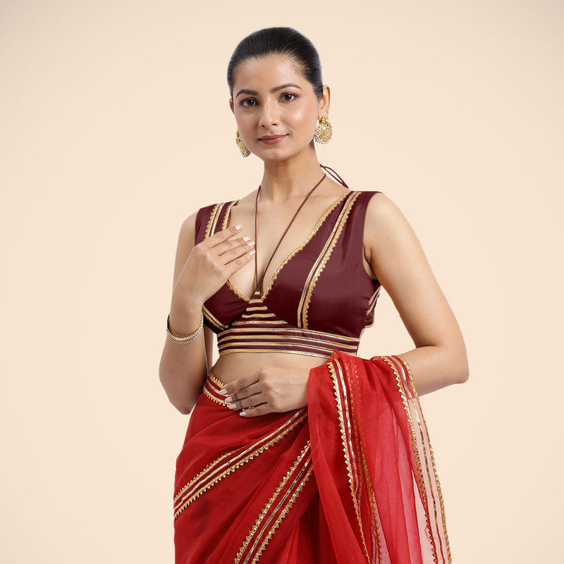 Ahana x Tyohaar | Burgundy Sleeveless FlexiFit™ Saree Blouse with Plunging Neckline and Back Cut Out with Tasteful Golden Gota Lace Embellishment-Binks