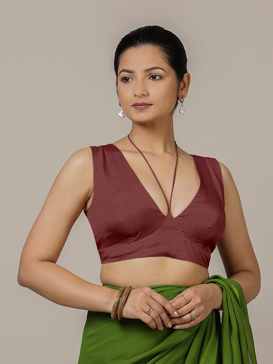 Ahana x Rozaana Saree Blouse, in Maroon Vegan Silk, featuring sleeveless and tie-up neckline, made for party & festive (view 6).