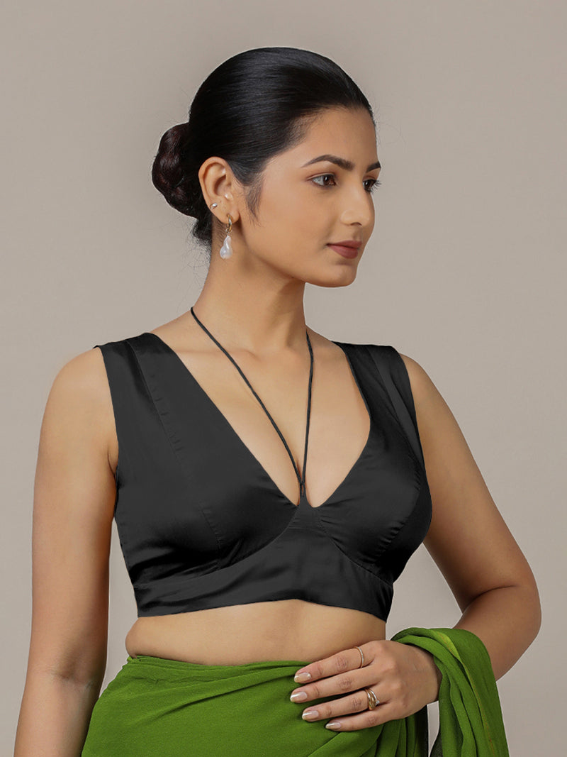 Ahana x Rozaana | Charcoal Black Sleeveless FlexiFit™ Saree Blouse with Plunging Neckline and Back Cut Out with Tie-up-Binks