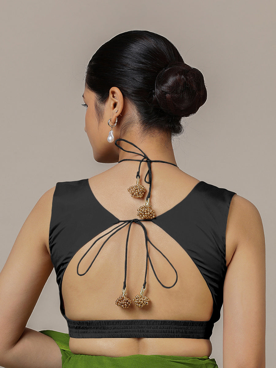 Ahana x Rozaana Saree Blouse, in Black Vegan Silk, featuring sleeveless and tie-up neckline, made for party & festive (view 2).