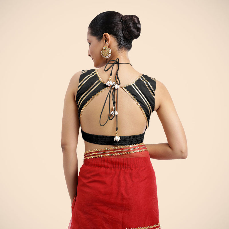Ahana x Tyohaar | Charcoal Black Sleeveless FlexiFit™ Saree Blouse with Plunging Neckline and Back Cut Out with Tasteful Golden Gota Lace Embellishment-Binks
