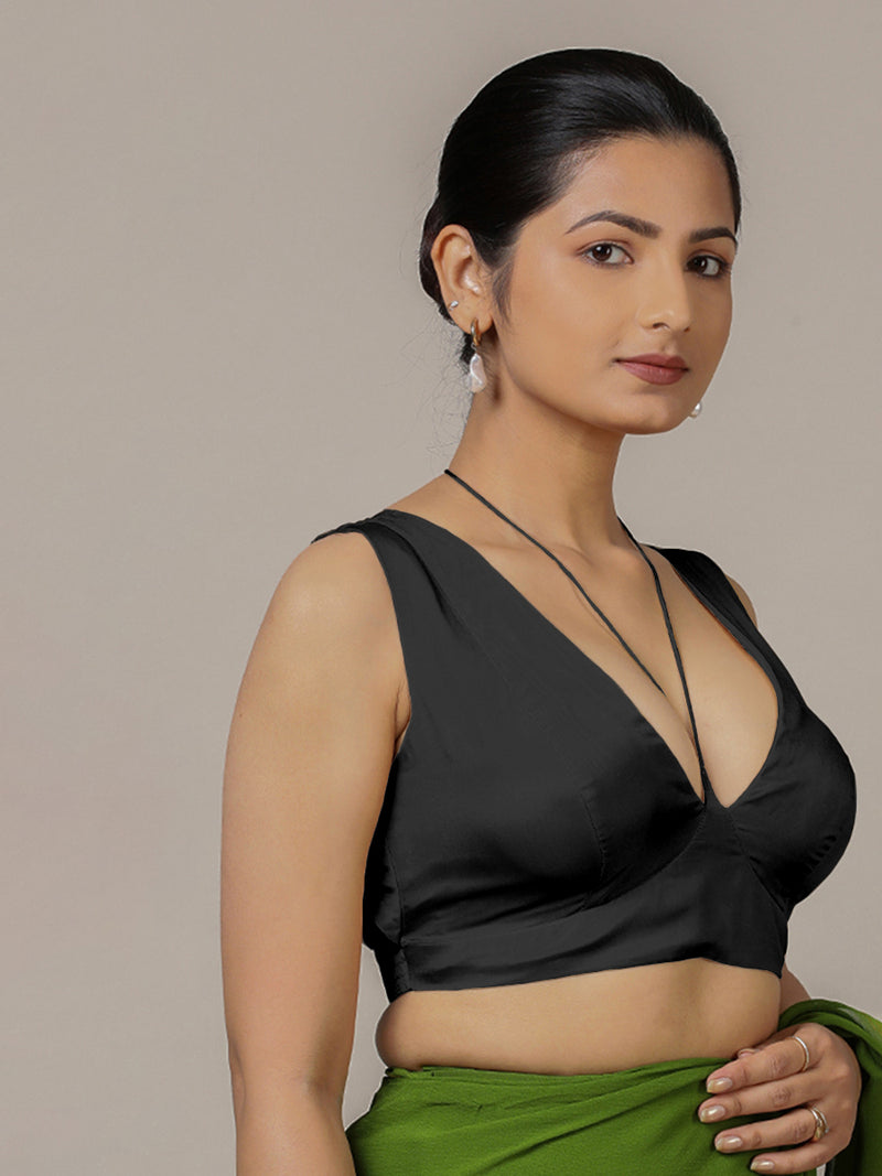 Ahana x Rozaana | Charcoal Black Sleeveless FlexiFit™ Saree Blouse with Plunging Neckline and Back Cut Out with Tie-up-Binks