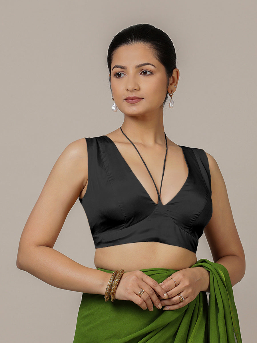 Ahana x Rozaana Saree Blouse, in Black Vegan Silk, featuring sleeveless and tie-up neckline, made for party & festive (view 6).