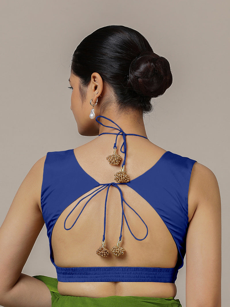 Ahana x Rozaana | Cobalt Blue Sleeveless FlexiFit™ Saree Blouse with Plunging Neckline and Back Cut Out with Tie-up-Binks
