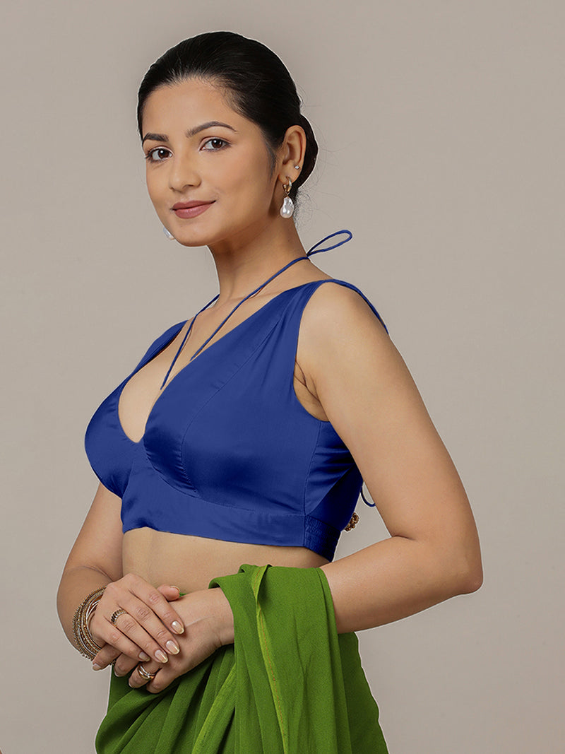 Ahana x Rozaana | Cobalt Blue Sleeveless FlexiFit™ Saree Blouse with Plunging Neckline and Back Cut Out with Tie-up-Binks