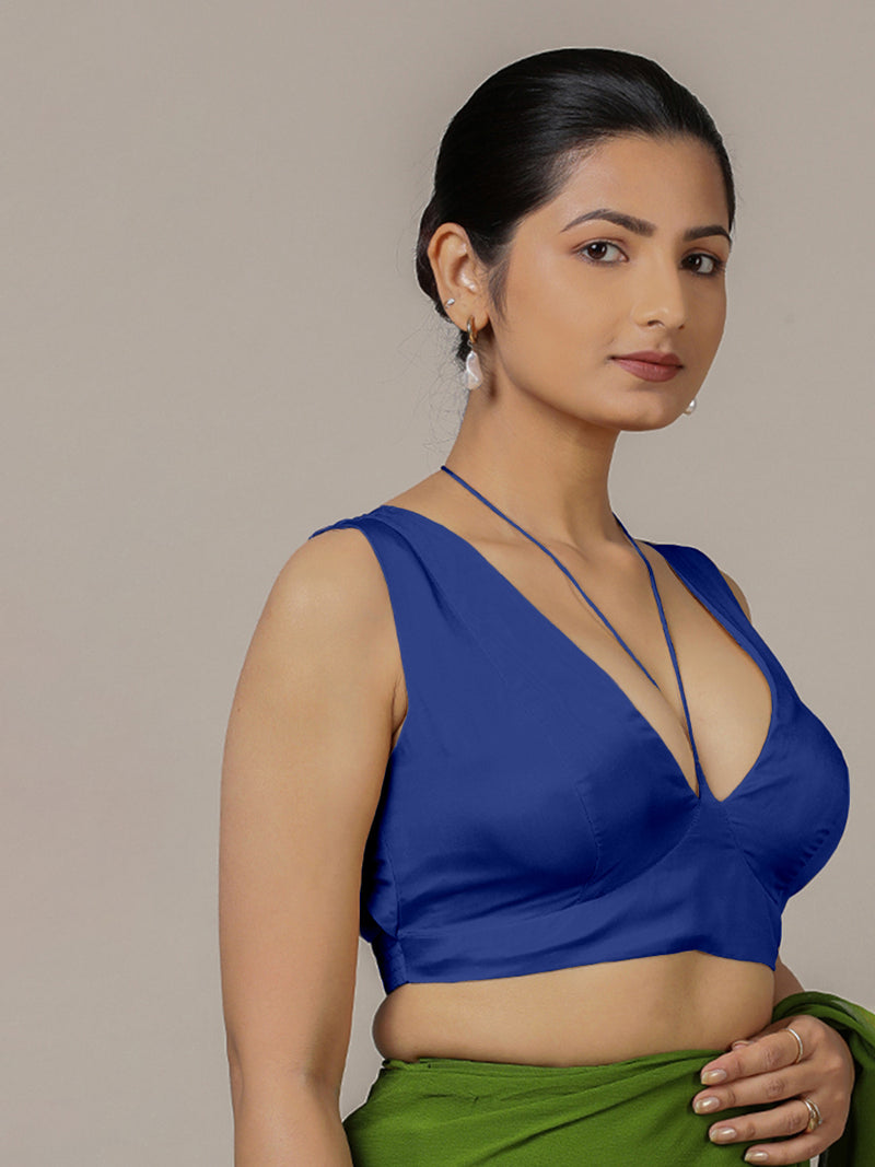 Ahana x Rozaana | Cobalt Blue Sleeveless FlexiFit™ Saree Blouse with Plunging Neckline and Back Cut Out with Tie-up-Binks