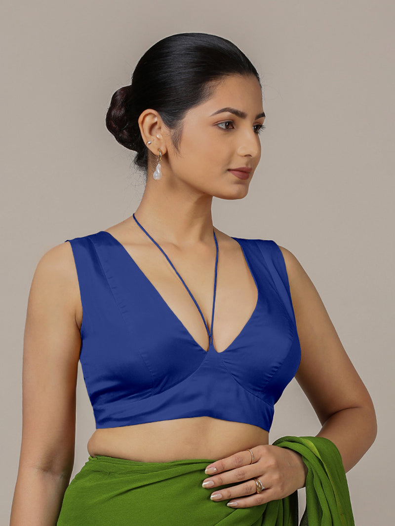 Ahana x Rozaana | Cobalt Blue Sleeveless FlexiFit™ Saree Blouse with Plunging Neckline and Back Cut Out with Tie-up-Binks