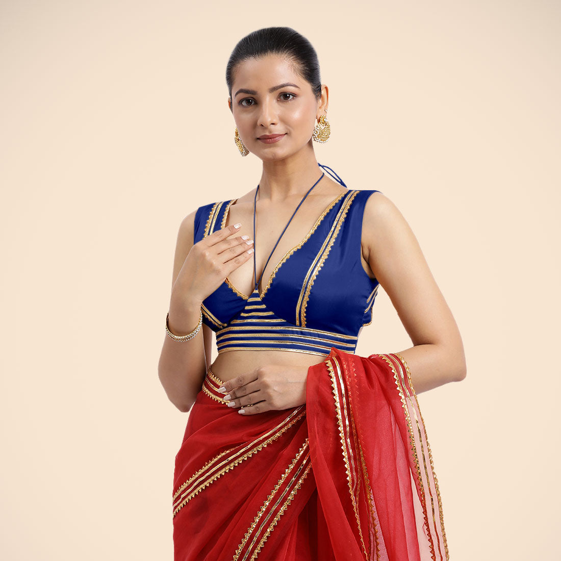 Ahana x Tyohaar Saree Blouse, in Blue Vegan Silk, featuring sleeveless and tie-up neckline, made for party & festive (view 5).