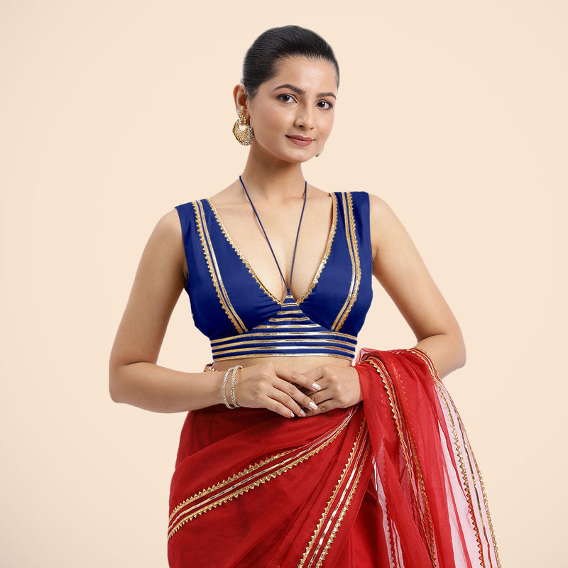 Ahana x Tyohaar | Cobalt Blue Sleeveless FlexiFit™ Saree Blouse with Plunging Neckline and Back Cut Out with Tasteful Golden Gota Lace Embellishment-Binks
