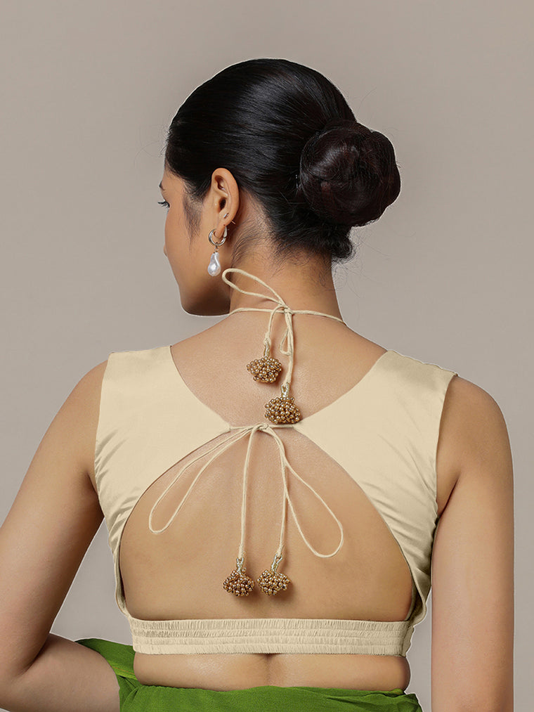 Ahana x Rozaana Saree Blouse, in Cream Vegan Silk, featuring sleeveless and tie-up neckline, made for party & festive (view 2).