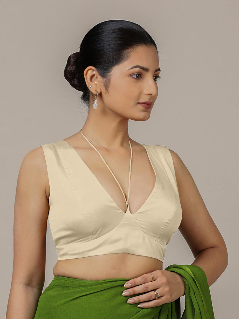 Ahana x Rozaana | Cream Sleeveless FlexiFit™ Saree Blouse with Plunging Neckline and Back Cut Out with Tie-up-Binks