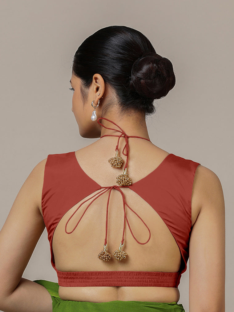 Ahana x Rozaana Saree Blouse, in Red Vegan Silk, featuring sleeveless and tie-up neckline, made for party & festive (view 2).