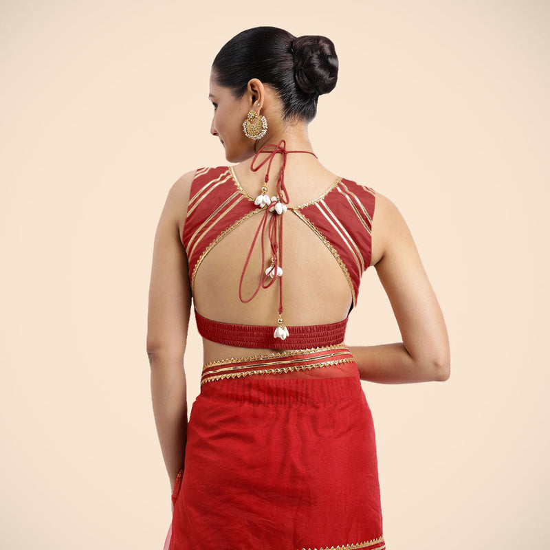 Ahana x Tyohaar | Crimson Red Sleeveless FlexiFit™ Saree Blouse with Plunging Neckline and Back Cut Out with Tasteful Golden Gota Lace Embellishment-Binks