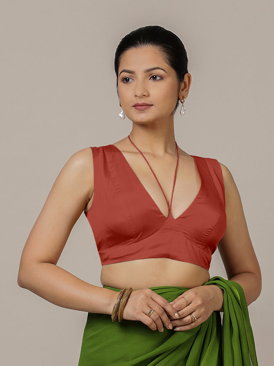 Ahana x Rozaana Saree Blouse, in Red Vegan Silk, featuring sleeveless and tie-up neckline, made for party & festive (view 5).
