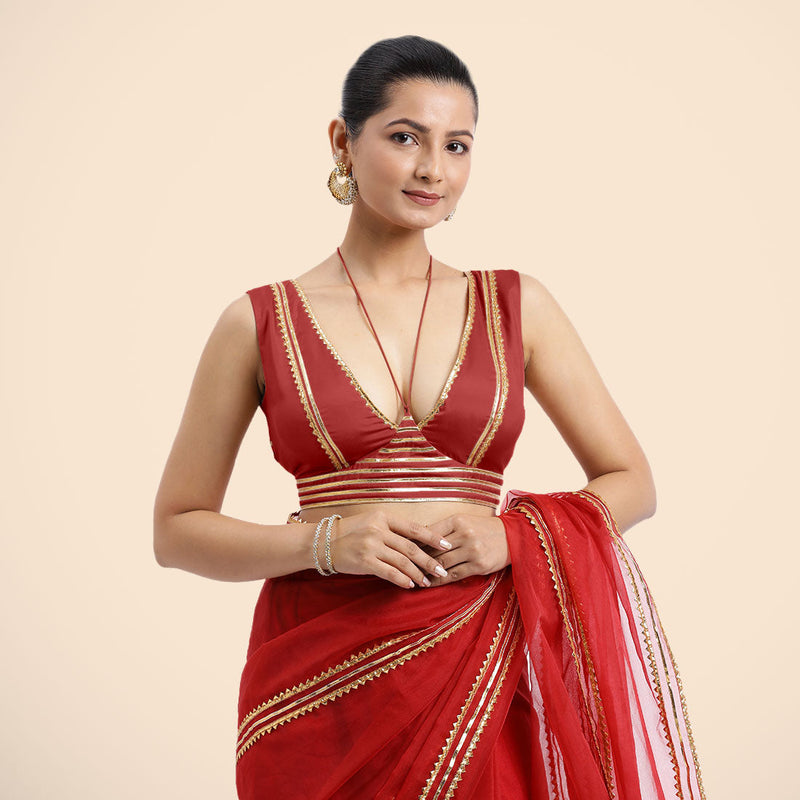 Ahana x Tyohaar | Crimson Red Sleeveless FlexiFit™ Saree Blouse with Plunging Neckline and Back Cut Out with Tasteful Golden Gota Lace Embellishment-Binks
