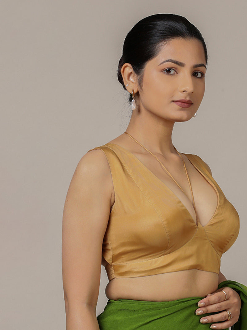 Ahana x Rozaana | Gold Sleeveless FlexiFit™ Saree Blouse with Plunging Neckline and Back Cut Out with Tie-up-Binks
