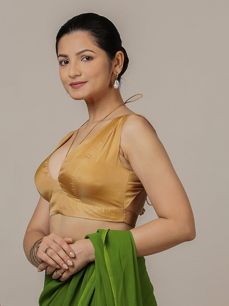 Ahana x Rozaana | Gold Sleeveless FlexiFit™ Saree Blouse with Plunging Neckline and Back Cut Out with Tie-up-Binks