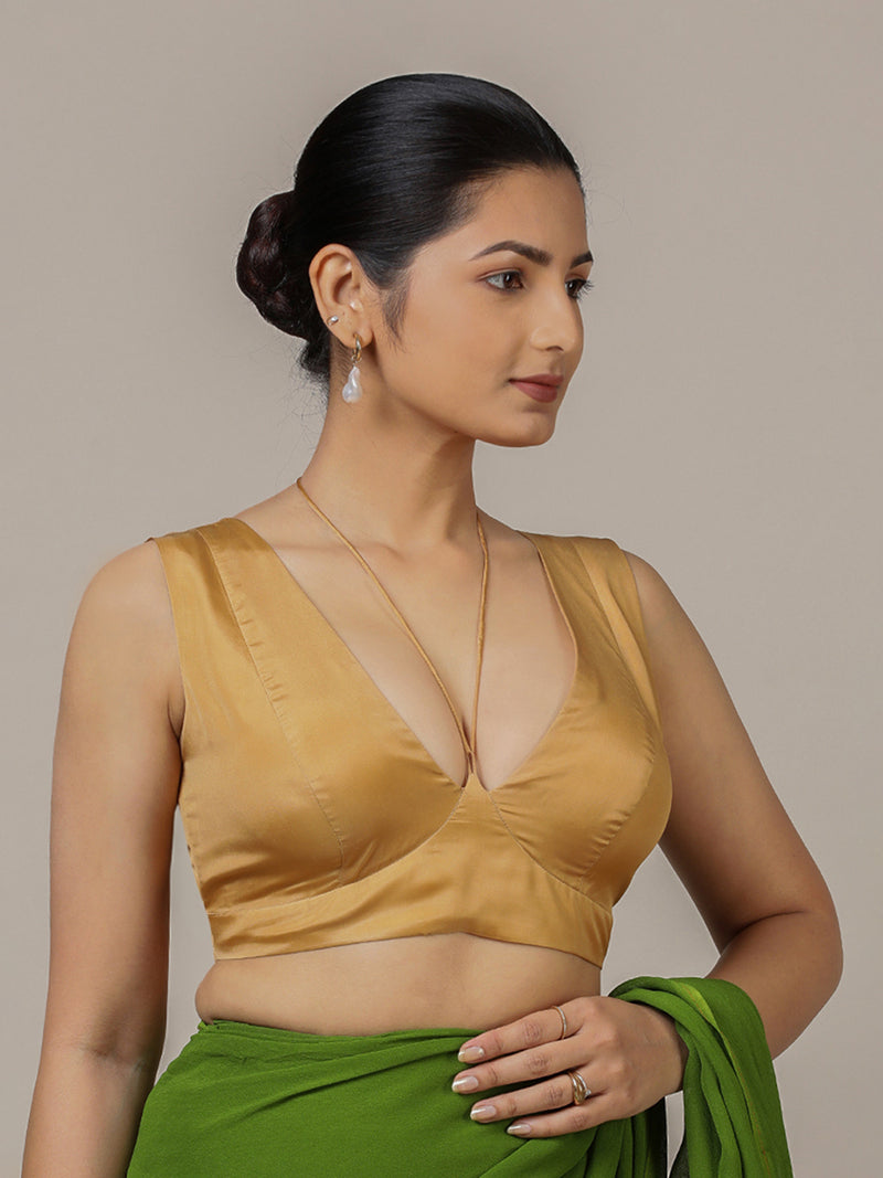 Ahana x Rozaana | Gold Sleeveless FlexiFit™ Saree Blouse with Plunging Neckline and Back Cut Out with Tie-up-Binks