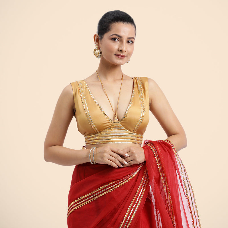 Ahana x Tyohaar | Gold Sleeveless FlexiFit™ Saree Blouse with Plunging Neckline and Back Cut Out with Tasteful Golden Gota Lace Embellishment-Binks