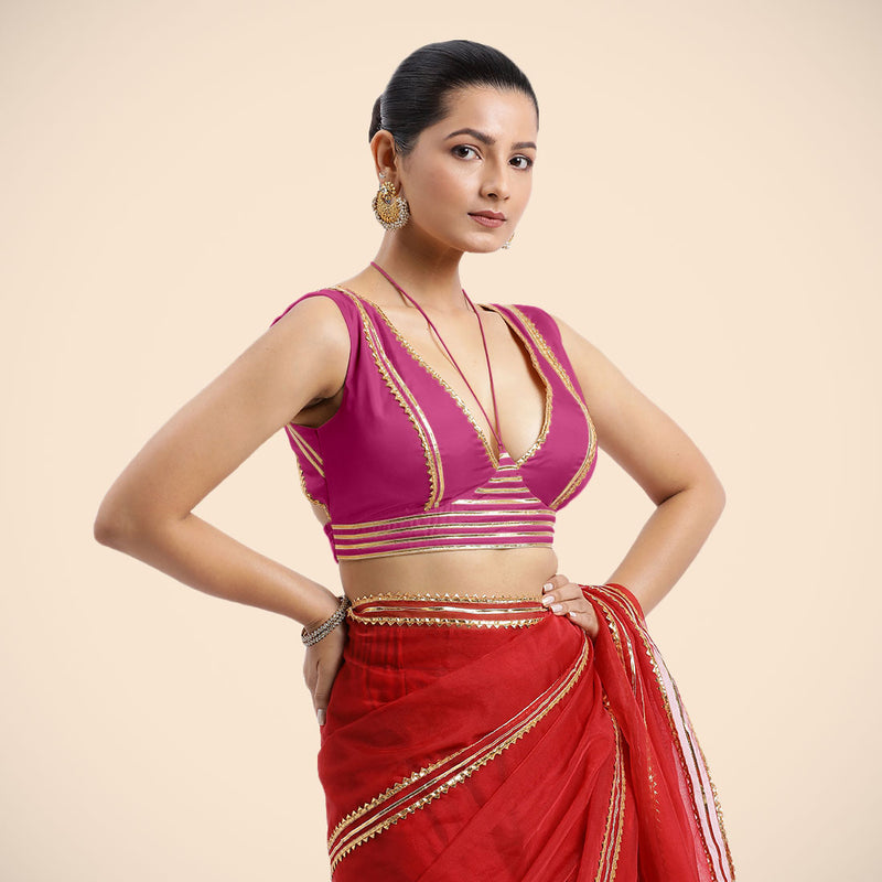 Ahana x Tyohaar | Sleeveless Hot Pink FlexiFit™ Gota Embellished Saree Blouse with Tie-Up Neck-Binks