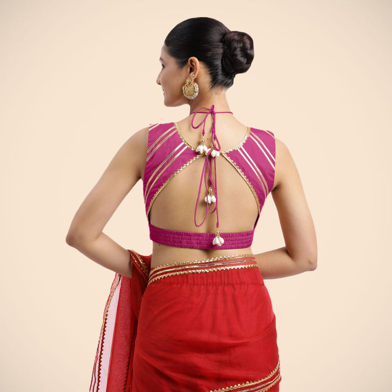 Ahana x Tyohaar | Sleeveless Hot Pink FlexiFit™ Gota Embellished Saree Blouse with Tie-Up Neck-Binks