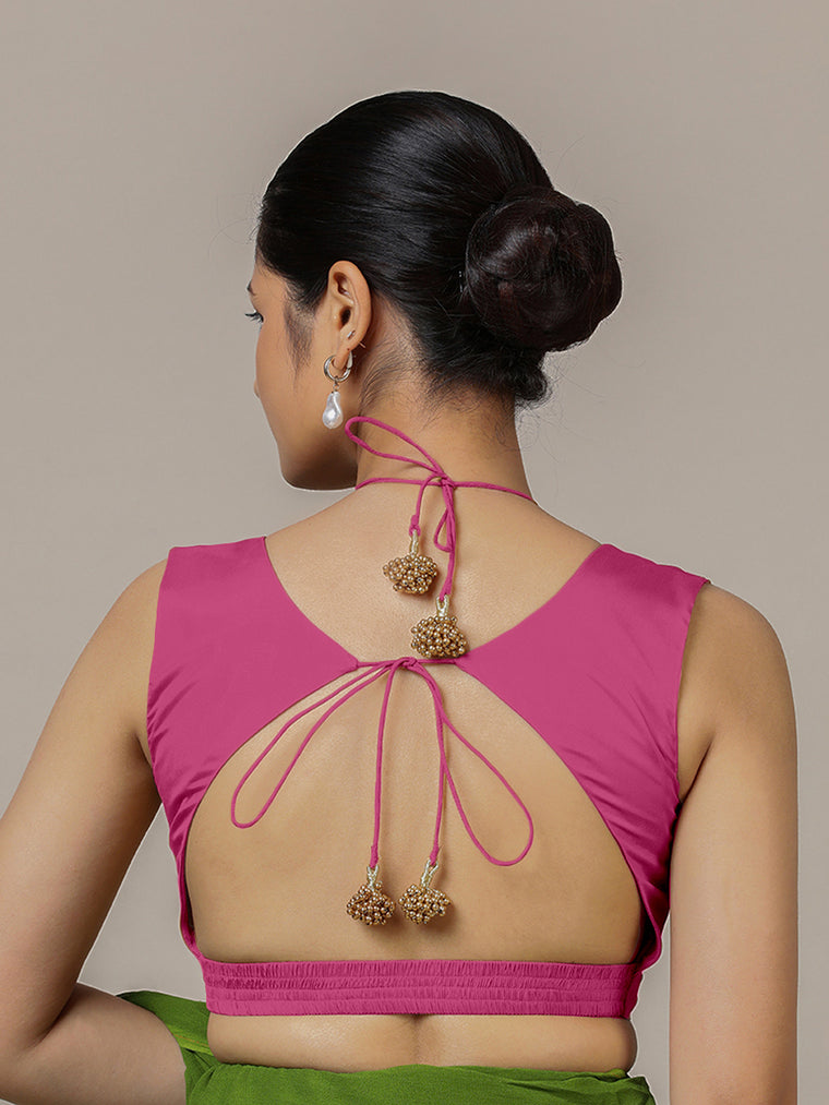 Ahana x Rozaana Saree Blouse, in Pink Artificial Silk, featuring sleeveless and tie-up neckline, made for party & festive.