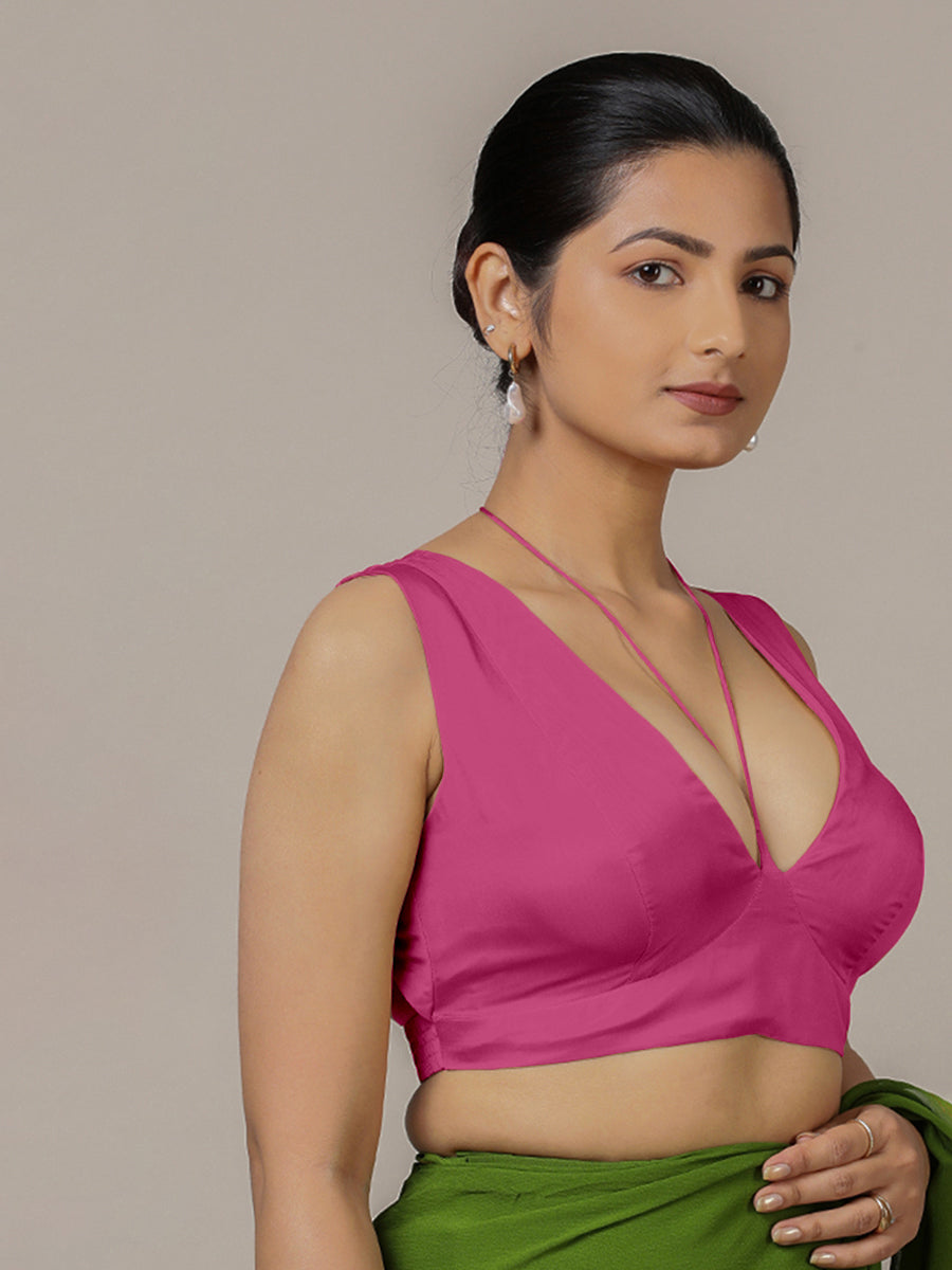 Ahana x Rozaana Saree Blouse, in Pink Artificial Silk, featuring sleeveless and tie-up neckline, made for party & festive.